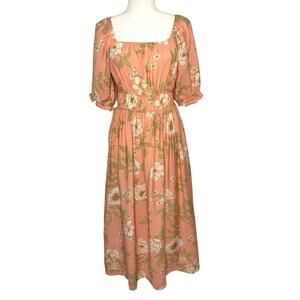 By The River Boho Smocked Peasant Dress Women's L Peach Floral